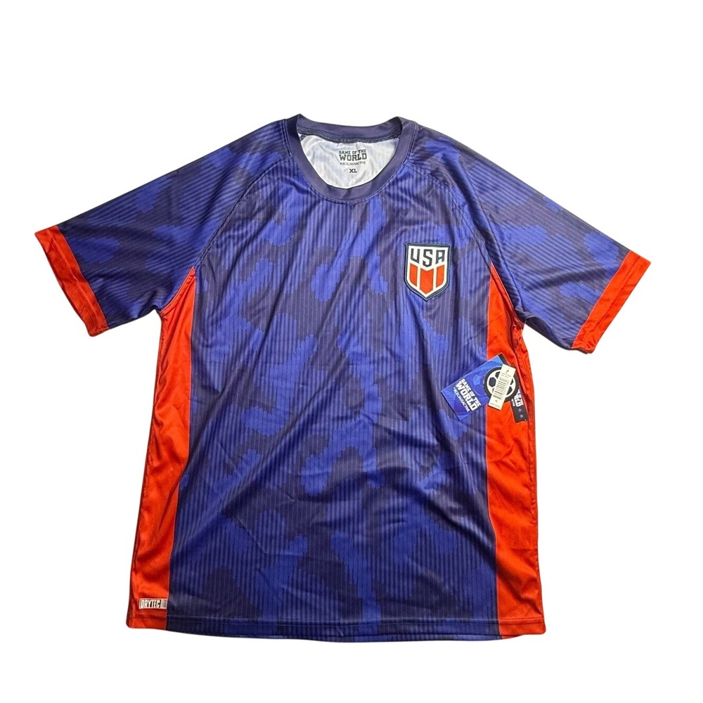 Game of the World USA Soccer Jersey Mens XL Blue Red Camo Drytec NWT-2359